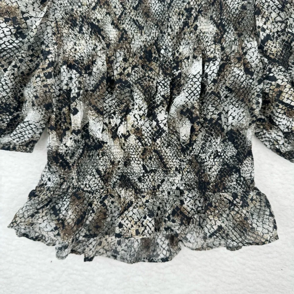 Free People Gray XOXO Blouse Snake Print Puff Sleeve Smocked Crop Top Small NWOT